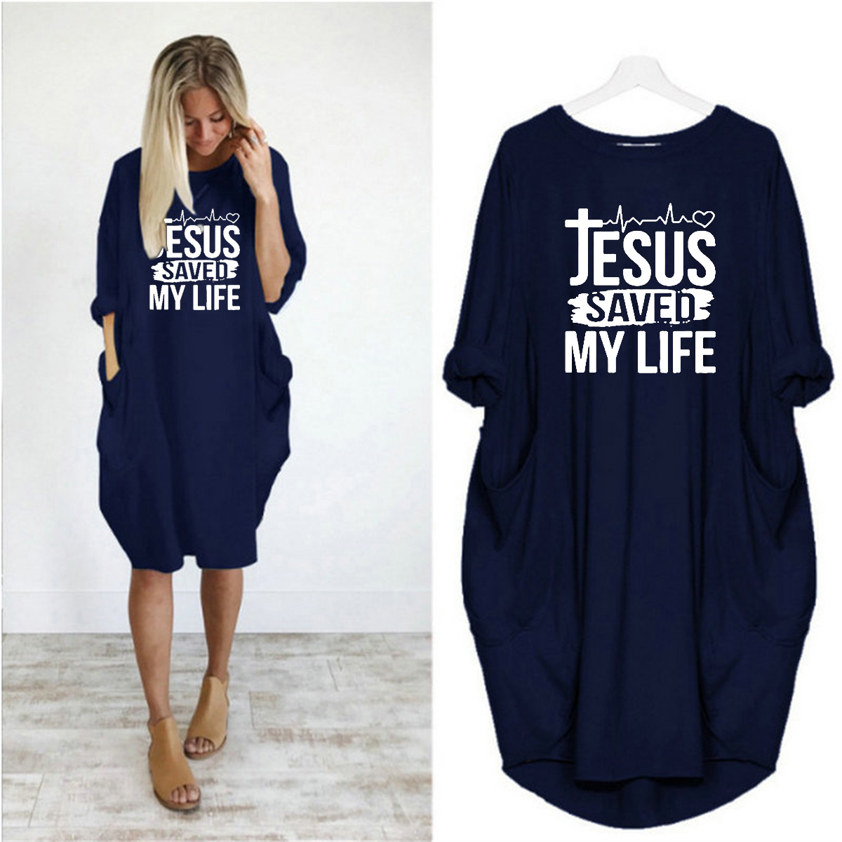 女性の夏のルース JESUS SAVED MYLIFE プリントラウンドネック長袖ポケット快適なカジュアルプラスサイズのドレス