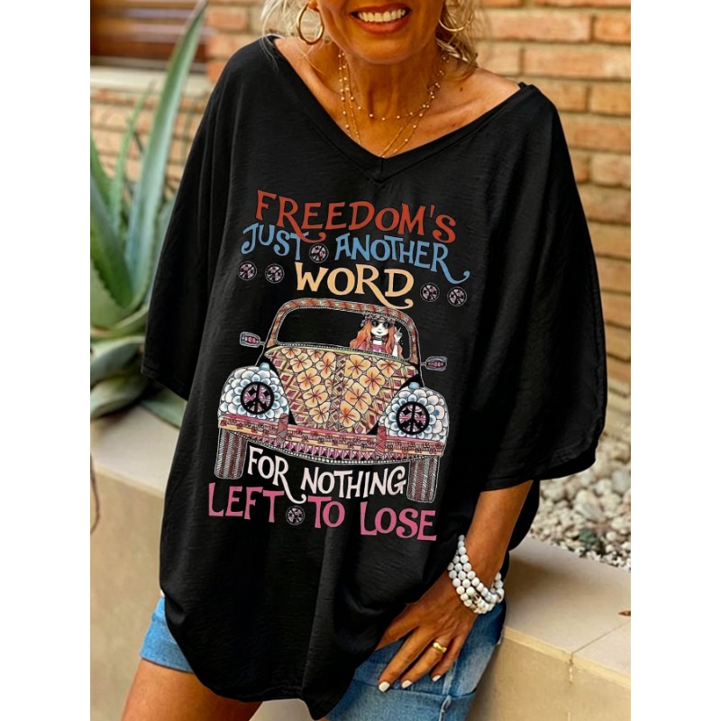 ilstile Women's Retro Car Print T-Shirts Summer Holiday Short Sleeve Casual Loose V Neck Long Tops Black White Tees NEW