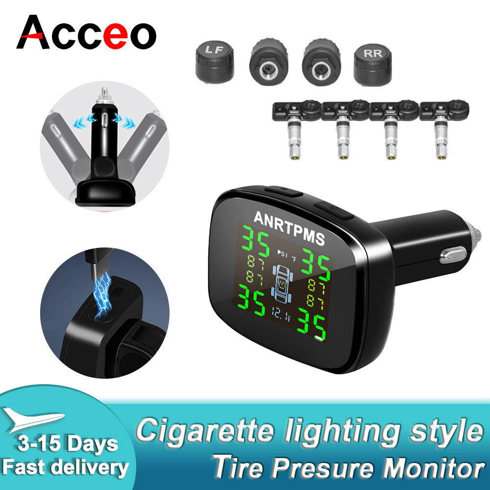 ACCEO TPMS タイヤ空気圧監視システム (内部外部センサー付き) 4 つのセンサー シガーライター電源 自動セキュリティアラーム