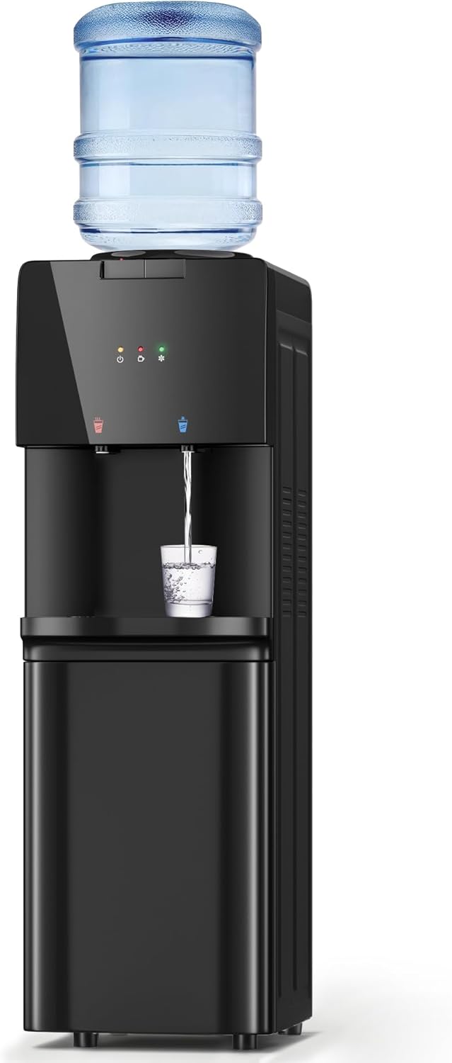 トップローディングウォータークーラーディスペンサー、温水と冷水付き、チャイルドセーフティロック、3ガロンまたは5ガロンのボトルに対応、キッチンやオフィスに最適、マットブラック