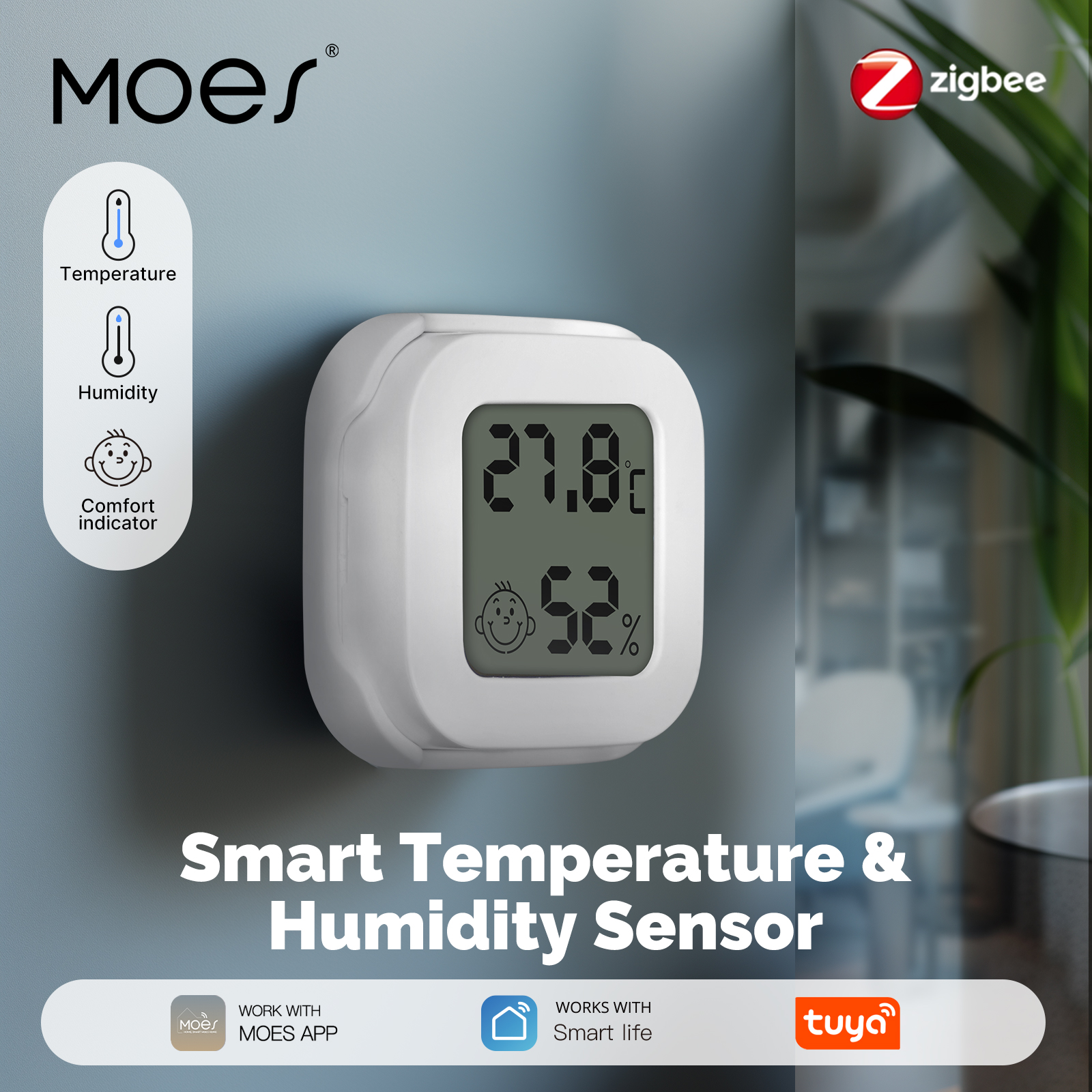 MOES スマート Zigbee 屋内温度湿度センサー Tuya LCD 表示画面アプリリモート監視はスマートライフアプリで動作します