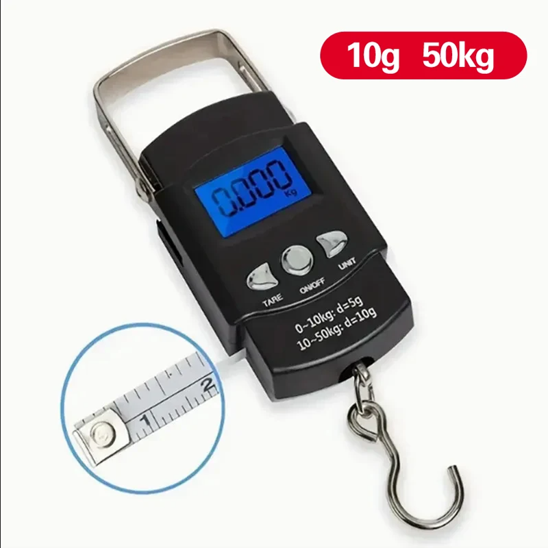 50kg/10g ポータブル LCD 電子ハンドスケール トラベルハンギングスケール 100cm 長の格納式測定テープ付き