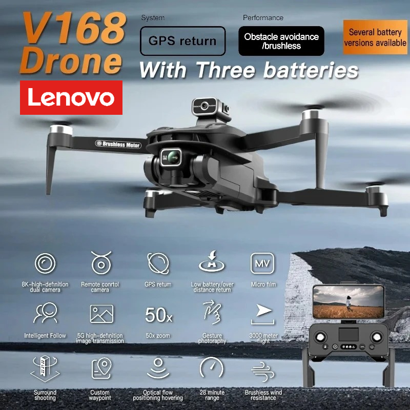 レノボ V168GPS ドローン 8K 5G HD 航空写真 4K デュアルカメラ全方向障害物ブラシレス回避クアッドコプター RC おもちゃ