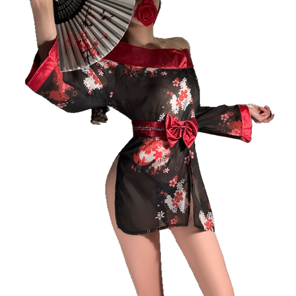 和風シースループリント着物コスプレランジェリーセットワンショルダー寝間着透明バスローブ女性ホームミニスカート