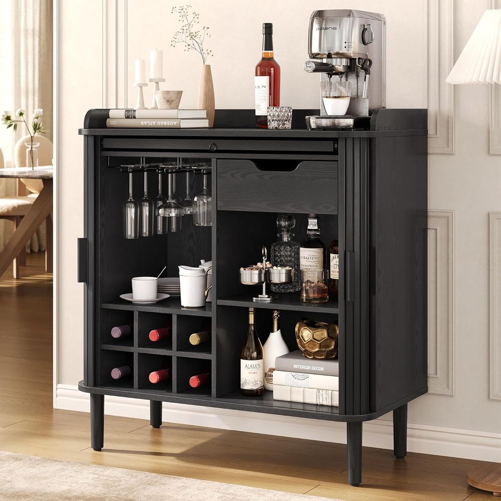 モダンなヴィンテージコーヒーバーキャビネット、収納、ワインラック、グラスホルダー付き、ホームリビングルームキッチン用、ブラック