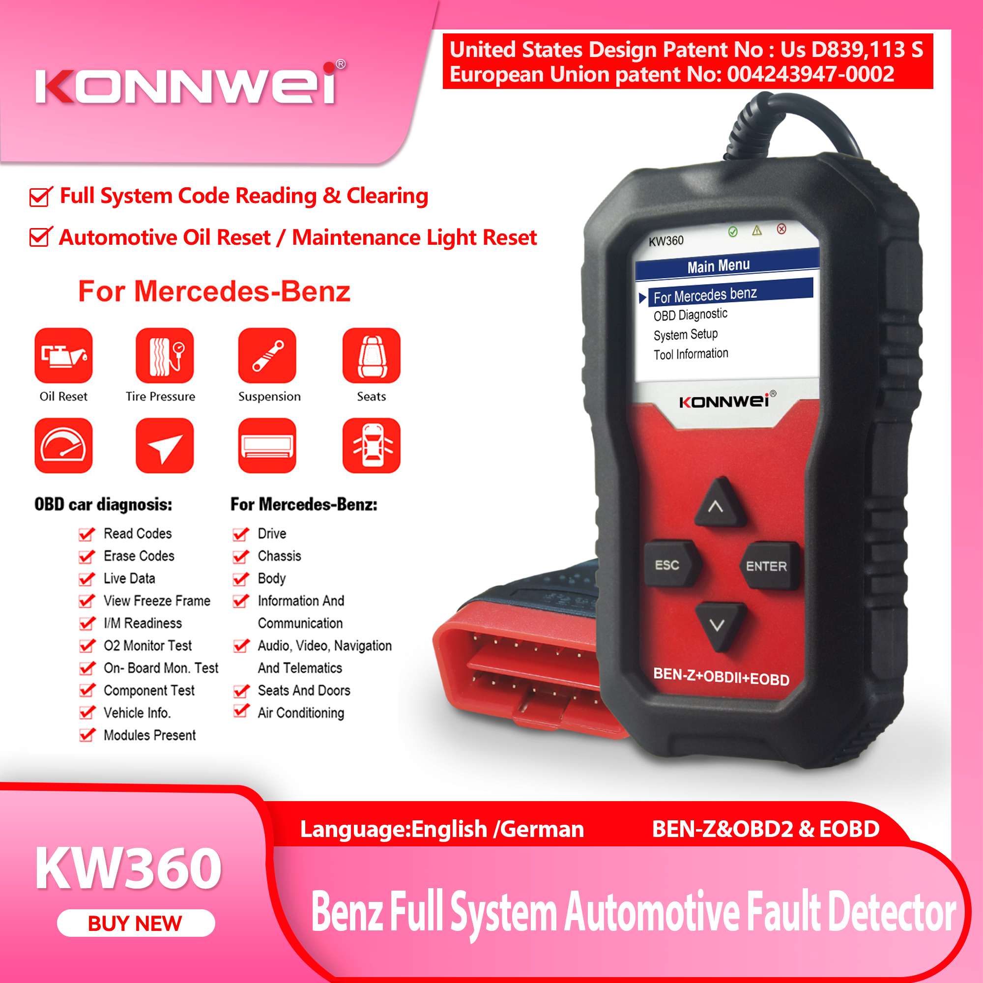 2026 新 KONNWEI KW360 車フルシステム OBD2 スキャナー用ベンツ車診断ツール C300 W204 W205 W211 ABS エアバッグオイルリセット