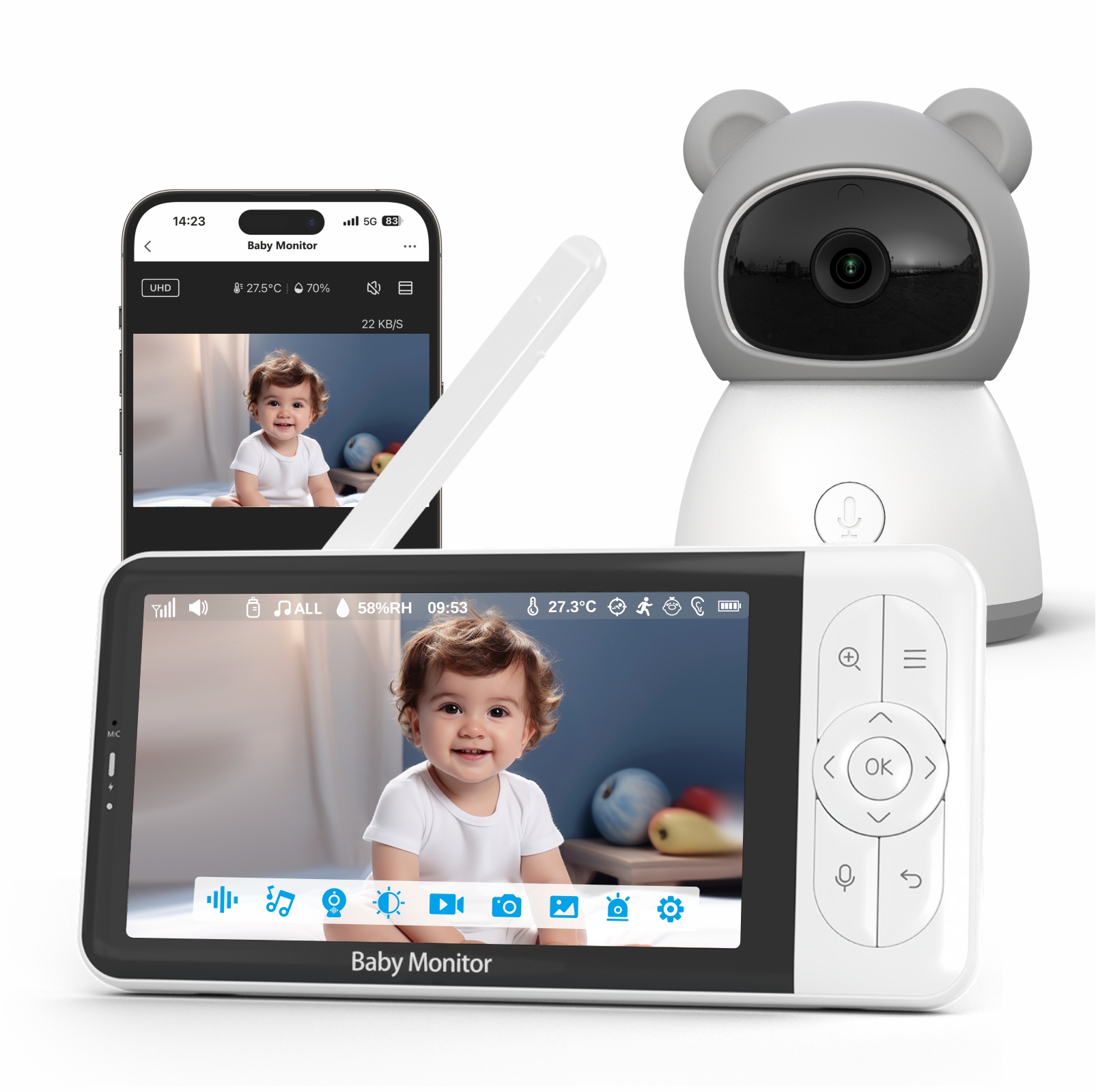 5 インチ 2MP 1080P Tuya アプリ WIFI ベビーカメラワイヤレス PTZ 温度湿度表示ベビーモニターナニーカムベビーシッテ