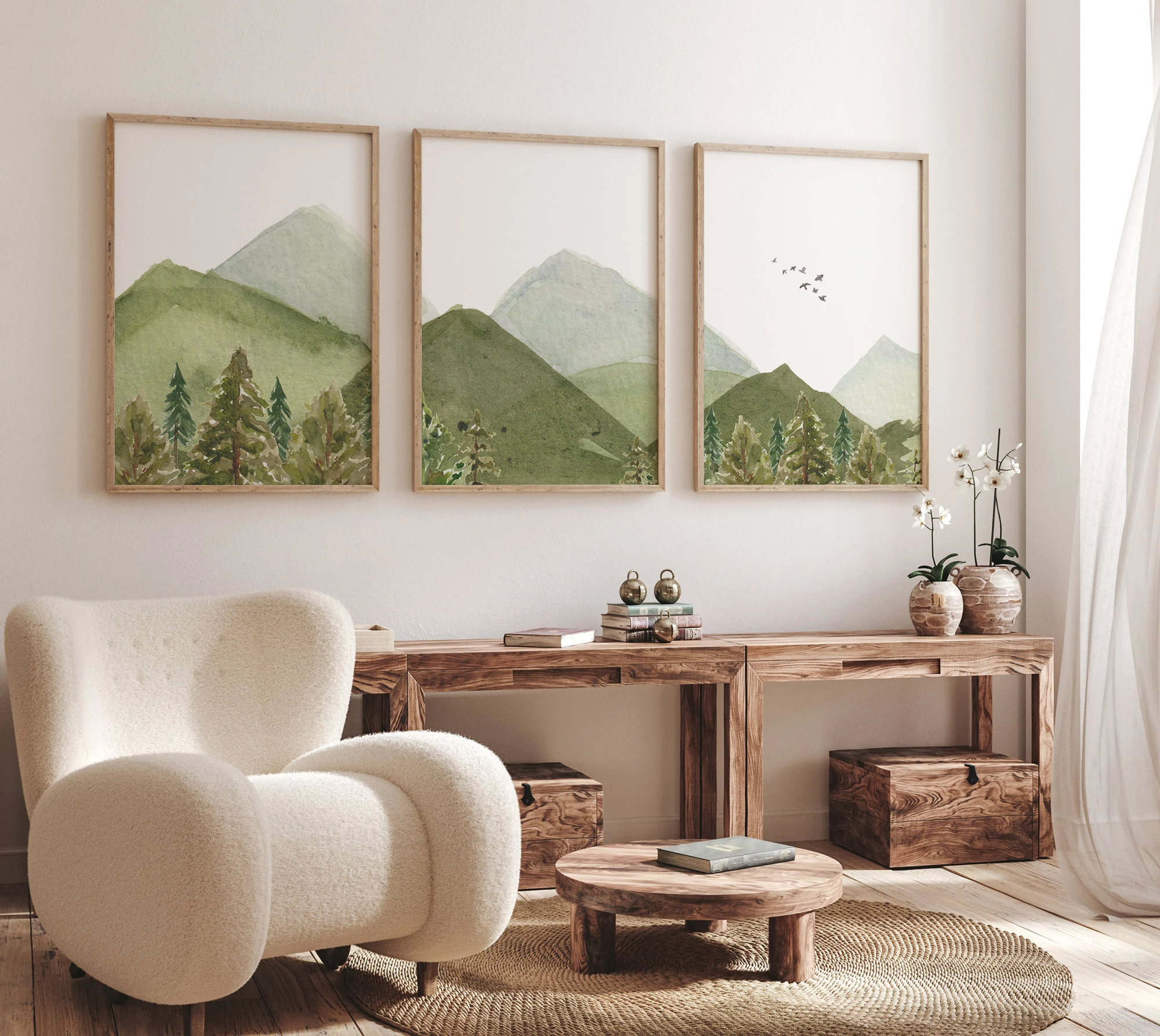 現代森林保育園森林壁アート水彩木山の鳥キャンバス絵画リビングルームの寝室の家の装飾