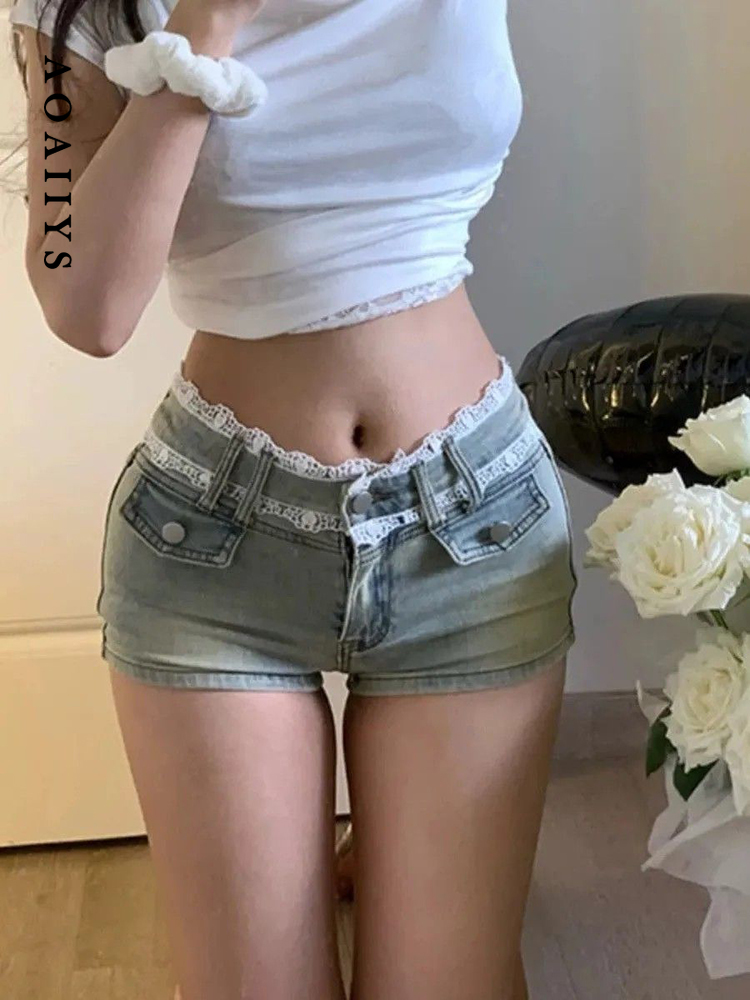 Aoaiys ブルージーンズショーツ女性レーススプライシングヴィンテージハイストリートデニムミニショート原宿ゴシックスパイスガールズショーツ夏新