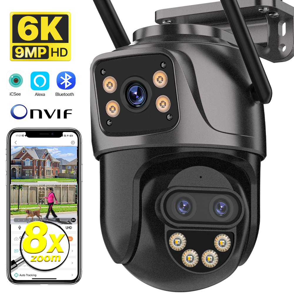 IP カメラ 6K 9MP HD WiFi 屋外カメラ 8x ズーム 3 レンズデュアルスクリーンホームセキュリティ PTZ カメラ 6MP ビデオ監視 iCSee