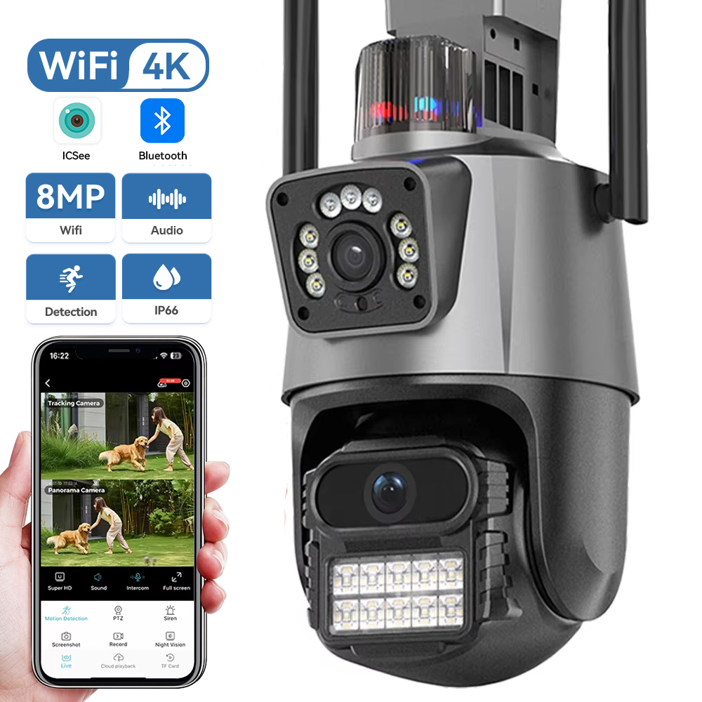 4K 8MP WiFi PTZ 監視デュアルレンズデュアルスクリーンカメラ屋外 IP66 防水 4MP AI 人間検出セキュリティビデオ ICSEE アプリ