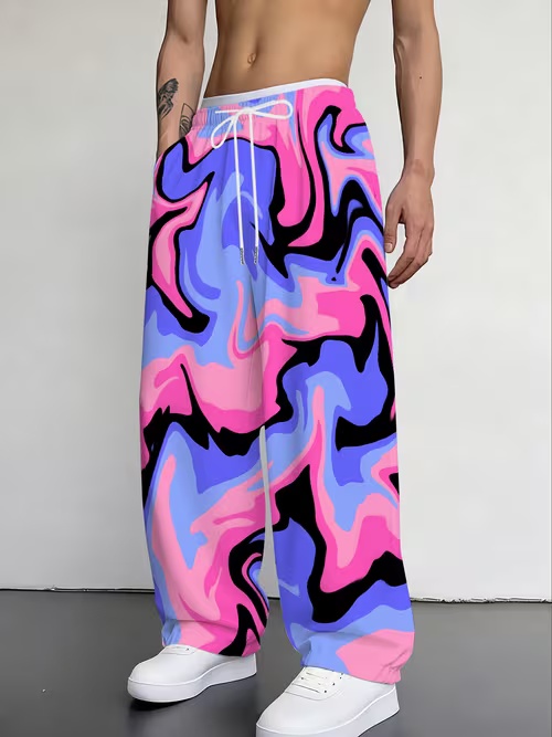 2026 Men's and Women's Geometric Printed 3D Wide Leg Pants, High Waisted Drawstring, Casual Loose Pants, Comfortable and Casual