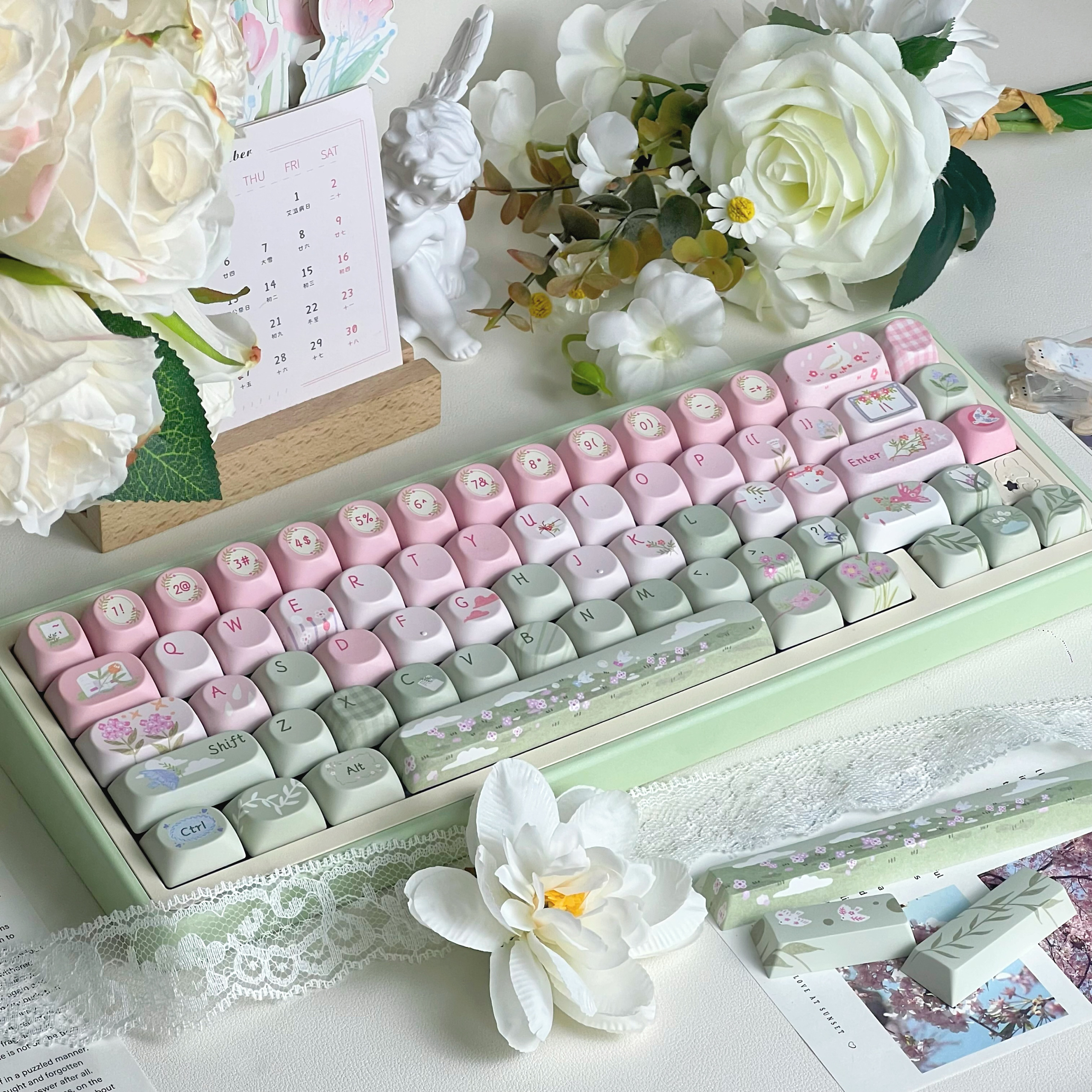 MAIMOOO 春日ストーリーキーキャップオリジナルピンクグリーンかわいいテーマチェリー Soa Pbt AULA カスタムキーボードグラデーション春キーキャップ