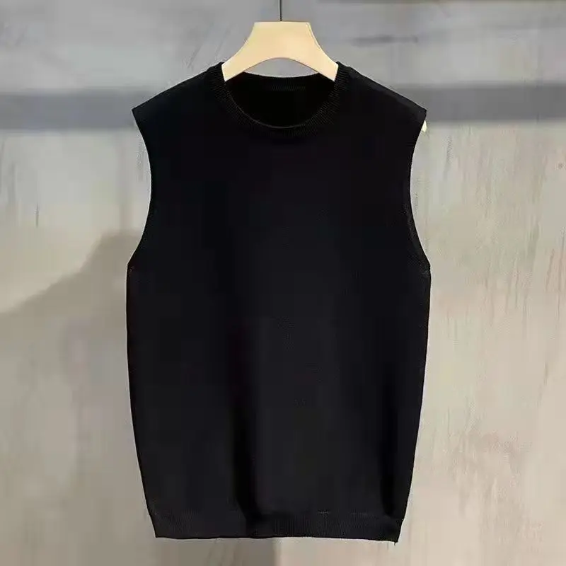 ラウンドカラー黒ビジネスマン服ベストクルーネックノースリーブチョッキニットセーター男性のための Y2k ヴィンテージニット安い