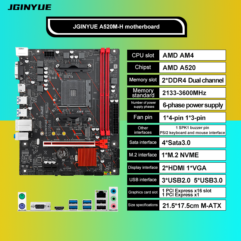 JGINYUE AM4 マザーボードは AMD Ryzen R3 5 7 1/2/3/4/5th CPU プロセッサ DDR4 デュアル チャネル メモリ RAM M-ATX A520M-H をサポートします。