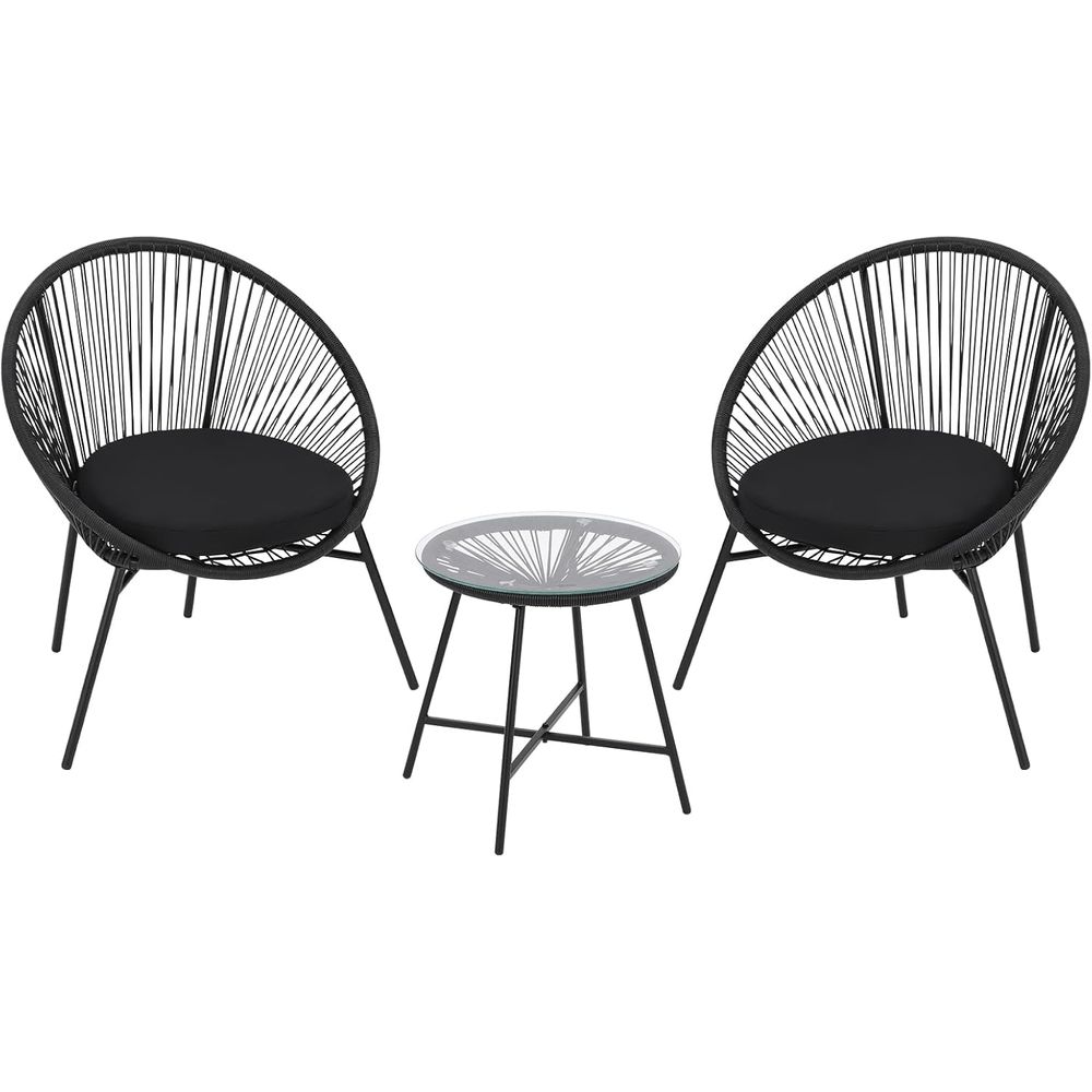 All-Weather 3-Piece Patio Bistro Set with Cushions, Woven Rope Design, Ideal for Balcony, Porch, or Poolside in Black