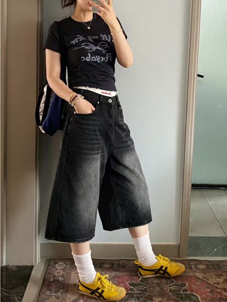 ヴィンテージルーズ Jorts ジーンズ Y2k ストリートオーバーサイズショートパンツデニムパンツ韓国ファッションだぶだぶのグランジズボン夏ニュートラル