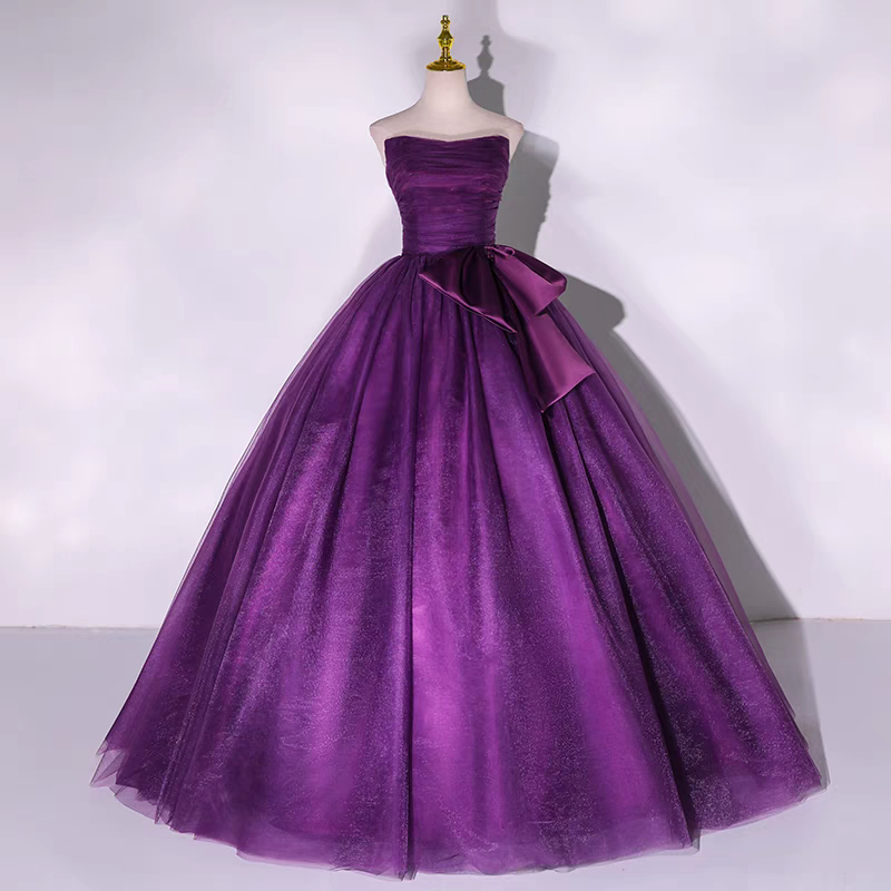 グレープパープルプリーツストラップレスイブニングドレス女性のためのvestidos de noche mujerチュールウエディングパーティーガウンドレス女性のための弓