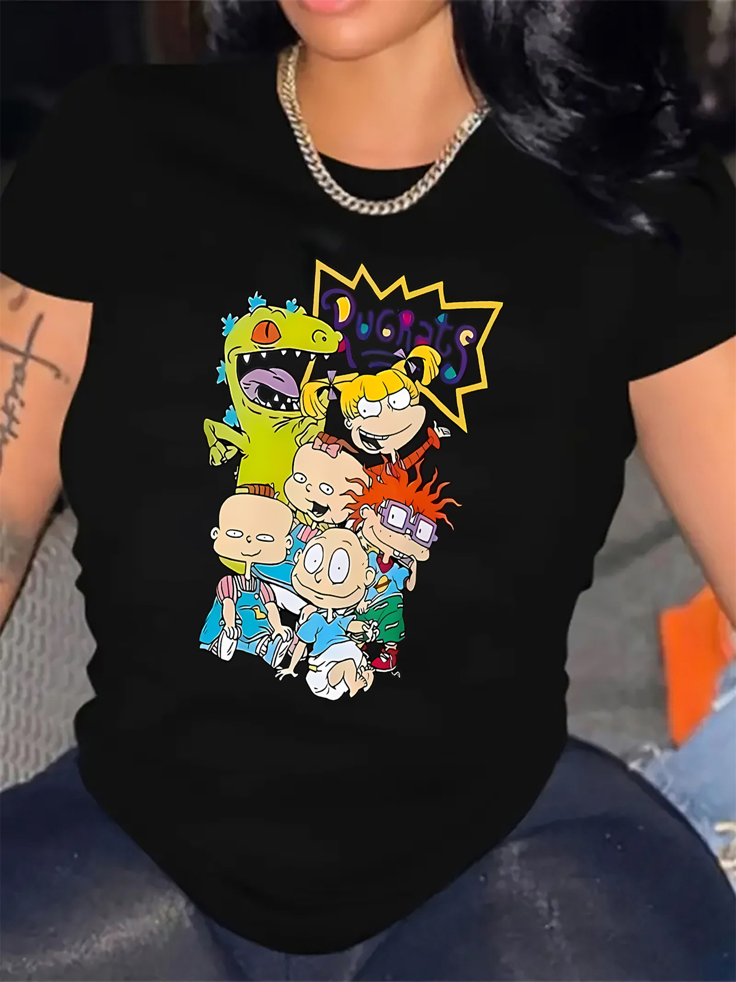 女性用 漫画 グラフィック Rugrats キャラクター プリント カジュアル クルーネック ポリエステル混紡 スパンデックス ファッショナブル 日常 トップ フレキシブル