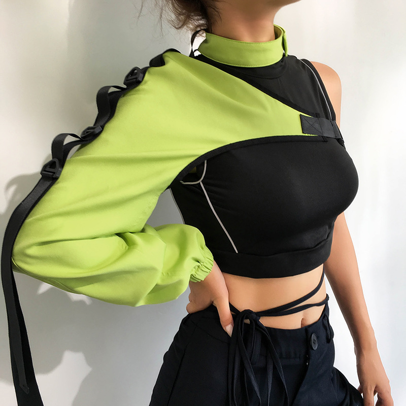 ヨーロッパとアメリカの女性のストリートダンス、ジャズダンス、トップカバー、トレンディなシングルショルダー非対称長袖シャツ