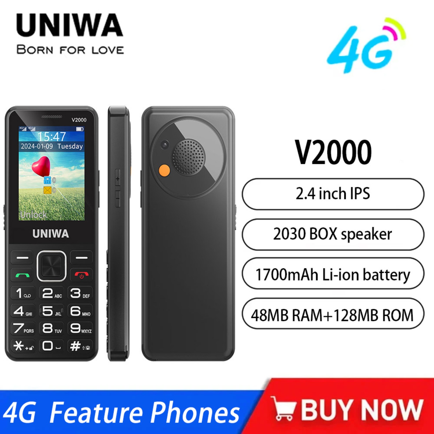 UNIWA V2000 4 グラムキーパッド電話 2.4 インチビッグボタン大音量デュアル SlM 1700mAh ロシアヘブライ語キーボードフィーチャーフォン高齢者用