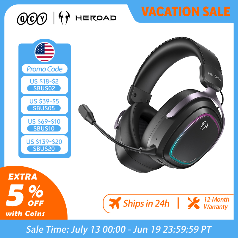 QCY ワイヤレス ゲーミング ヘッドセット Heroad GT2 THX 空間オーディオ 7.1.4 トライモード RGB 3Mic ENC オーバーイヤーヘッドフォン PC/PS5 ヘッドセットゲーマー用