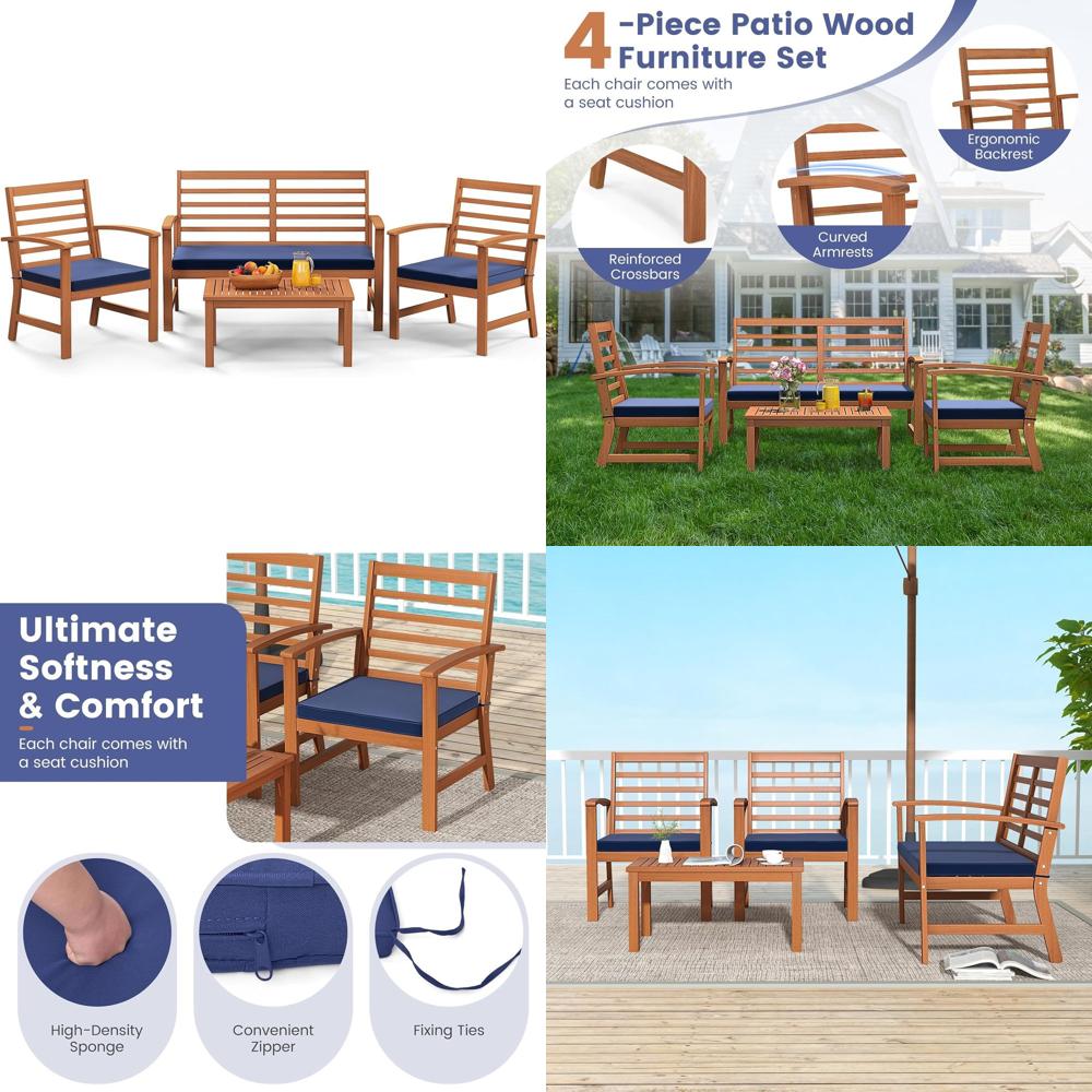 屋外用家具4点セット、アカシアウッドコンションセット、ソットシートクッション付き、安定したアカシアウッド、パティオソファ