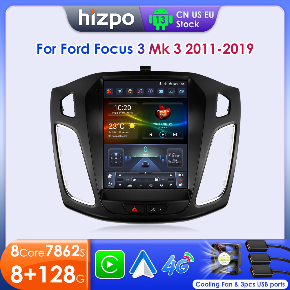 Hizpo テスラスタイルカーラジオフォードフォーカス 3 Mk 3 2011 2012 - 2019 Android 自動 4 グラムワイヤレス Carplay DSP マルチメディアプレーヤー
