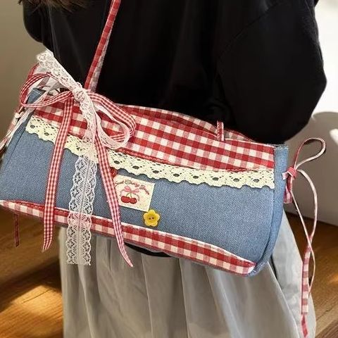 甘いレースのチェック柄の女性のショルダーバッグパッチワークカレッジスタイルの女の子の脇の下のバッグシンプルなプリーツデザインの女性のハンドバッグ財布