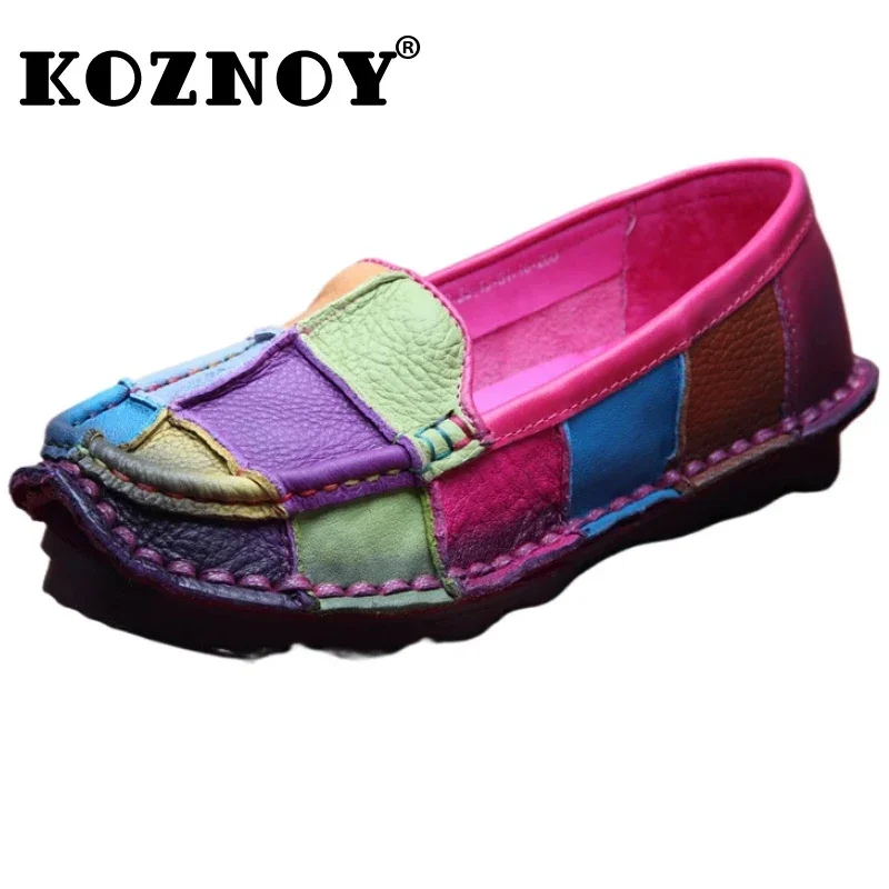 Koznoy 2.5 センチメートルネイティブフラットシューズ女性天然牛本革ビッグサイズ混合色ソフト底ローファーエスニックモカシン快適