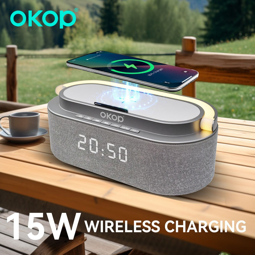 OKOP Bluetooth スピーカー、6 in 1 多機能、目覚まし時計、ワイヤレス充電器 RGB ナイトライト、オーディオ、ポータブル スピーカー、ホワイト ノイズ