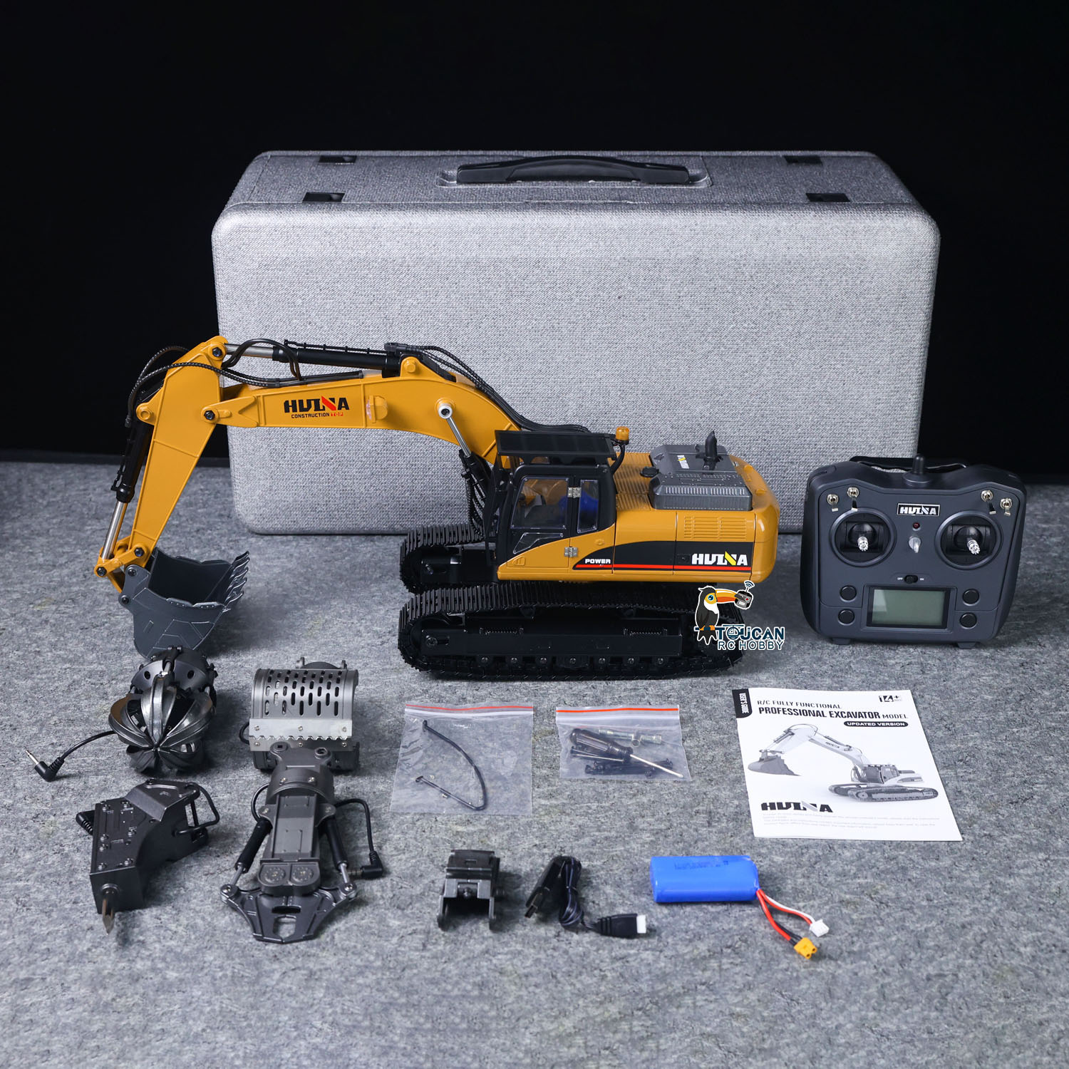 米国在庫 HUINA 新しいアップグレード 580 1/14 金属掘削機 RC エンジニアリング車両電気モデルのおもちゃボールグラバーせん断爪サウンドライトリモートコントロール車のおもちゃ