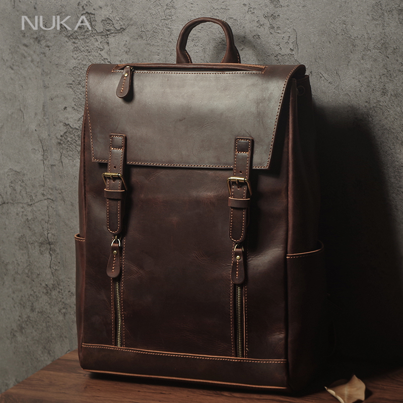 NUKA メンズ本革バックパックヴィンテージアウトドアトラベルバッグ高級クレイジーホース牛革通学通学登山バックパック