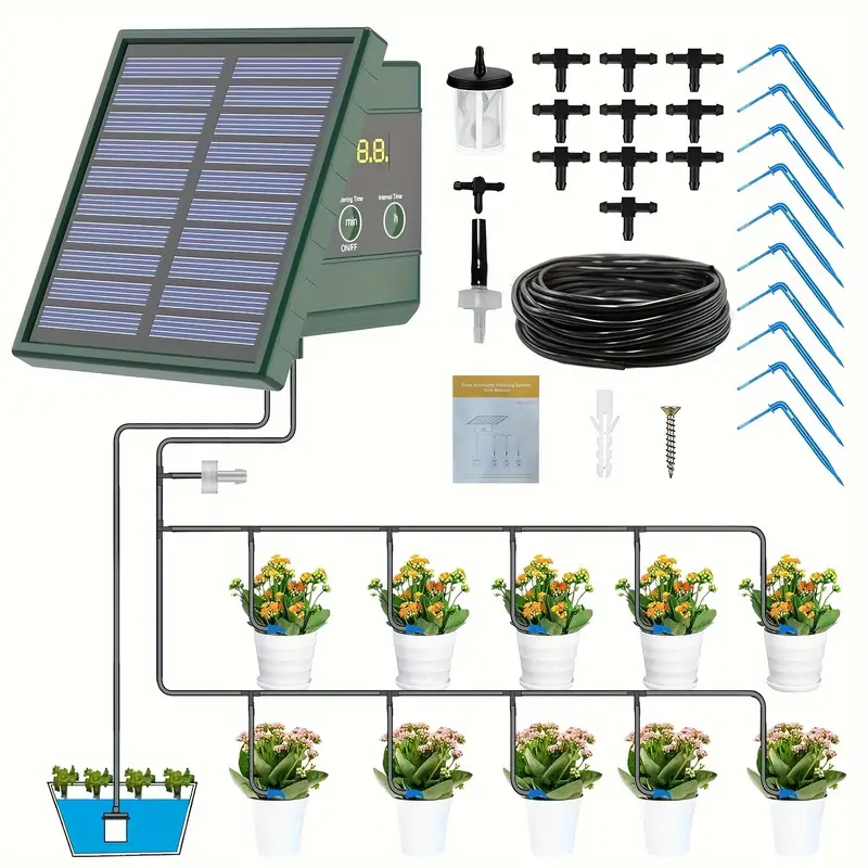 1pc DIY 太陽光発電自動点滴灌漑システム、上げ床温室、菜園、バルコニー吊り植物用