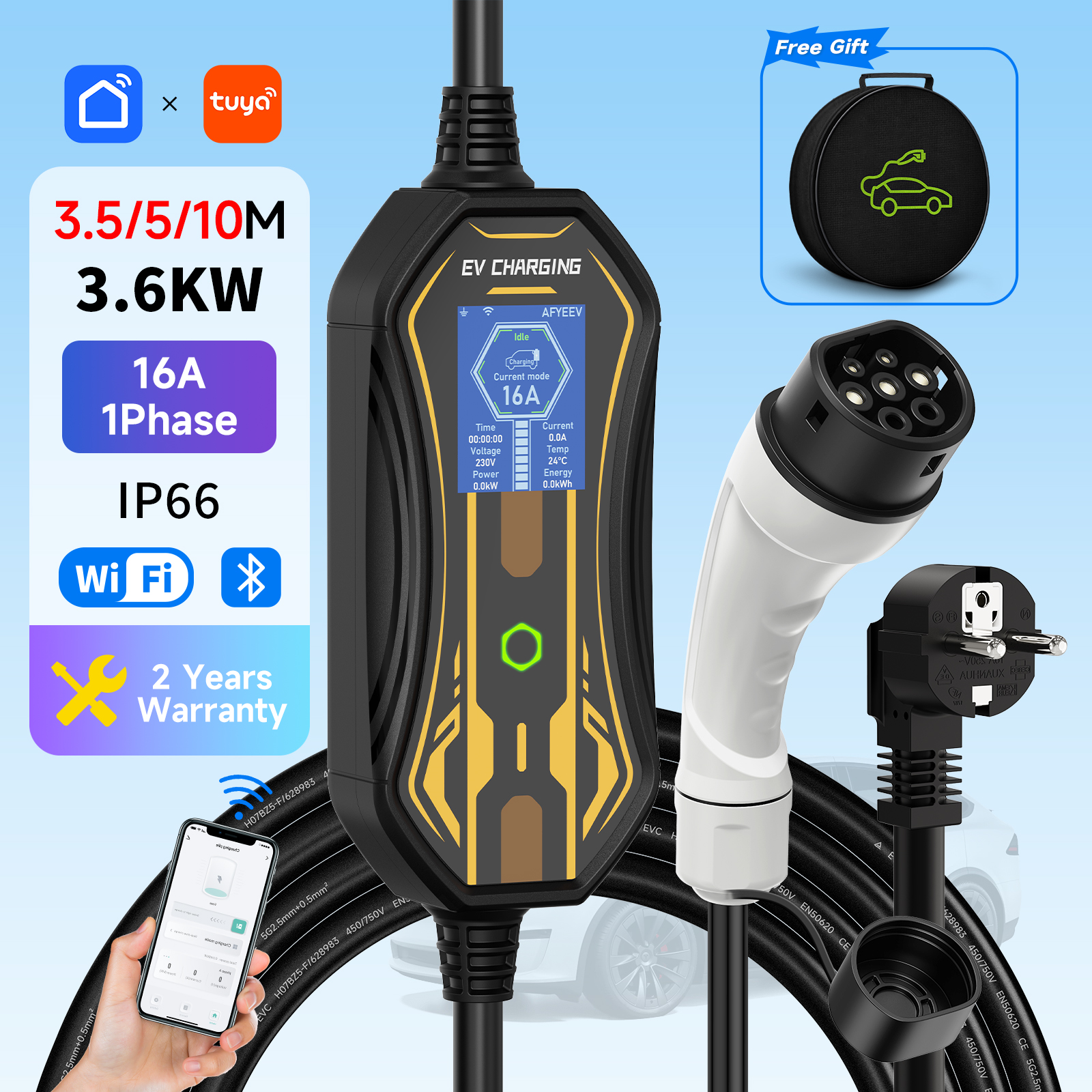 3.6KW ポータブル EV 充電器タイプ 2/タイプ 1/GBT WiFi アプリ制御 16A 3.5 メートルケーブル電気自動車家庭用充電ウォールボックス