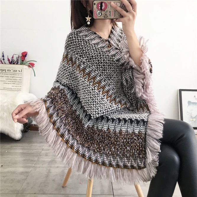 プルオーバー女性ニットポンチョケープ秋の新女性ファッションボヘミアンポンチョマントタッセル冬服ナショナルグレー