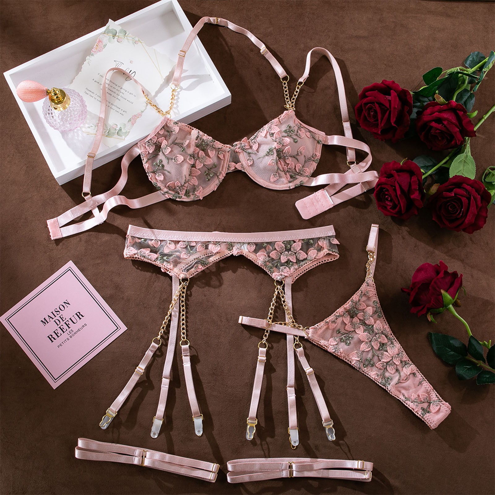 Embroidered Print Brassiere Lingerie Set Women Lace Mesh Patchwork Sexy Nightgown With Deep V Corset Lingerie for Women Fishnet