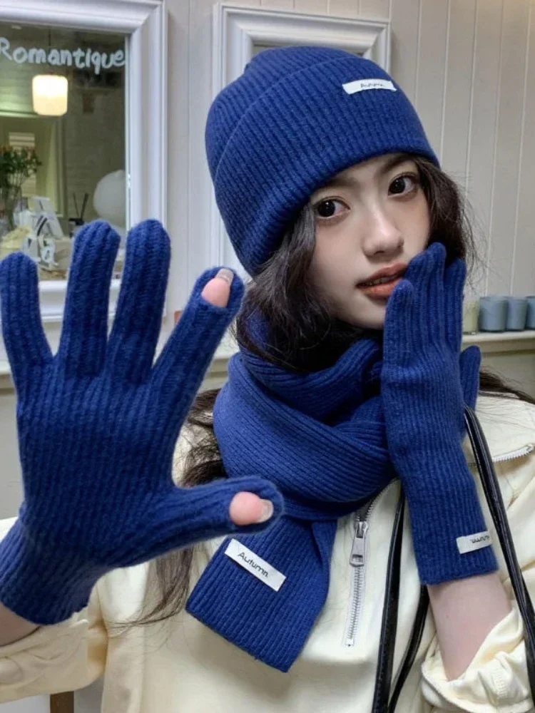 韓国 3 点セットスカーフ手袋タッチスクリーン手袋無地女性の手袋セット女性秋冬暖かいニット帽子