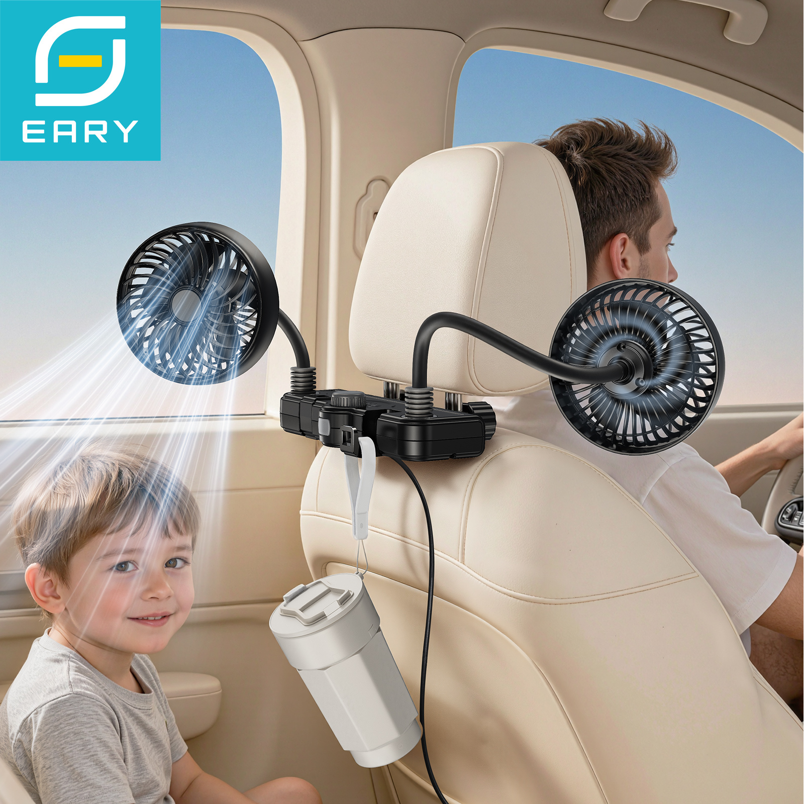 Eary デュアルヘッド車冷却ファン USB プラグ付き車フロント後部座席ヘッドレストファンセダン Suv RV トラック車後部座席ファン子供用