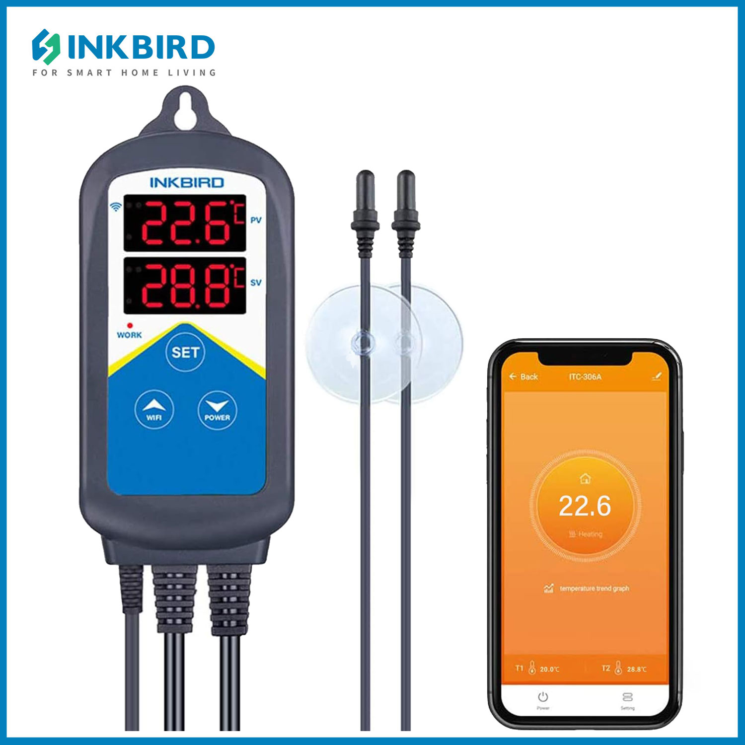 INKBIRD ITC-306A WIFI 水族館温度コントローラー 1200 ワットスマートデジタルサーモスタット 2 防水プローブ水槽用