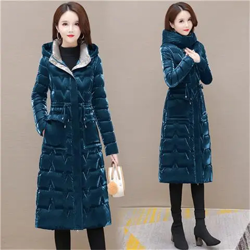 厚い女性の防風ロングマザーズダウンコットンコート女性の 2026 冬のファッション暖かいスリムウエストラップパーカーフード付きレースアップ