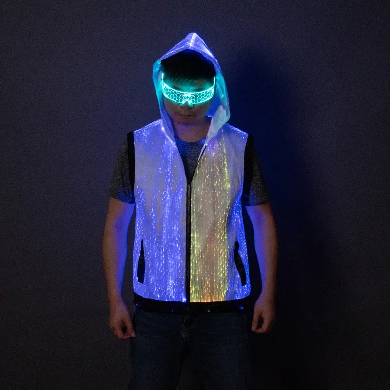 光ファイバー LED ライトアップフード付きベスト発光光るノースリーブジャケットレイブナイトクラブ DJ ダンサーステージパフォーマンス着用 2026