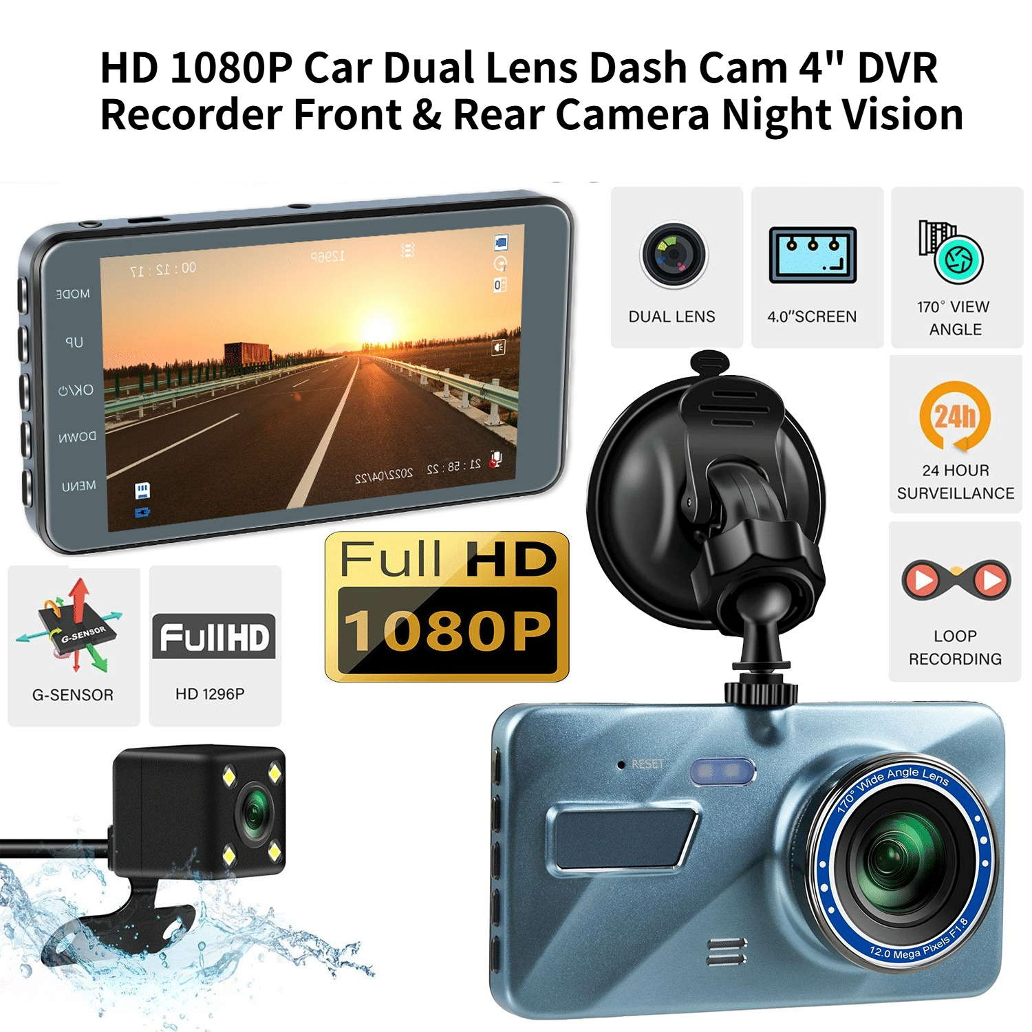 HD 1080P Car Dual Lens Dash Cam 4" DVR Recorder Front & Rear Camera Night Vision