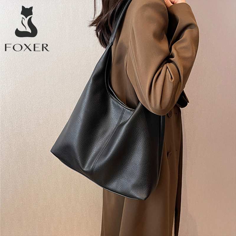 FOXER ブランド床革女性のショルダートートバッグ 2026 新しいカジュアルハンドバッグ大容量オフィス脇財布