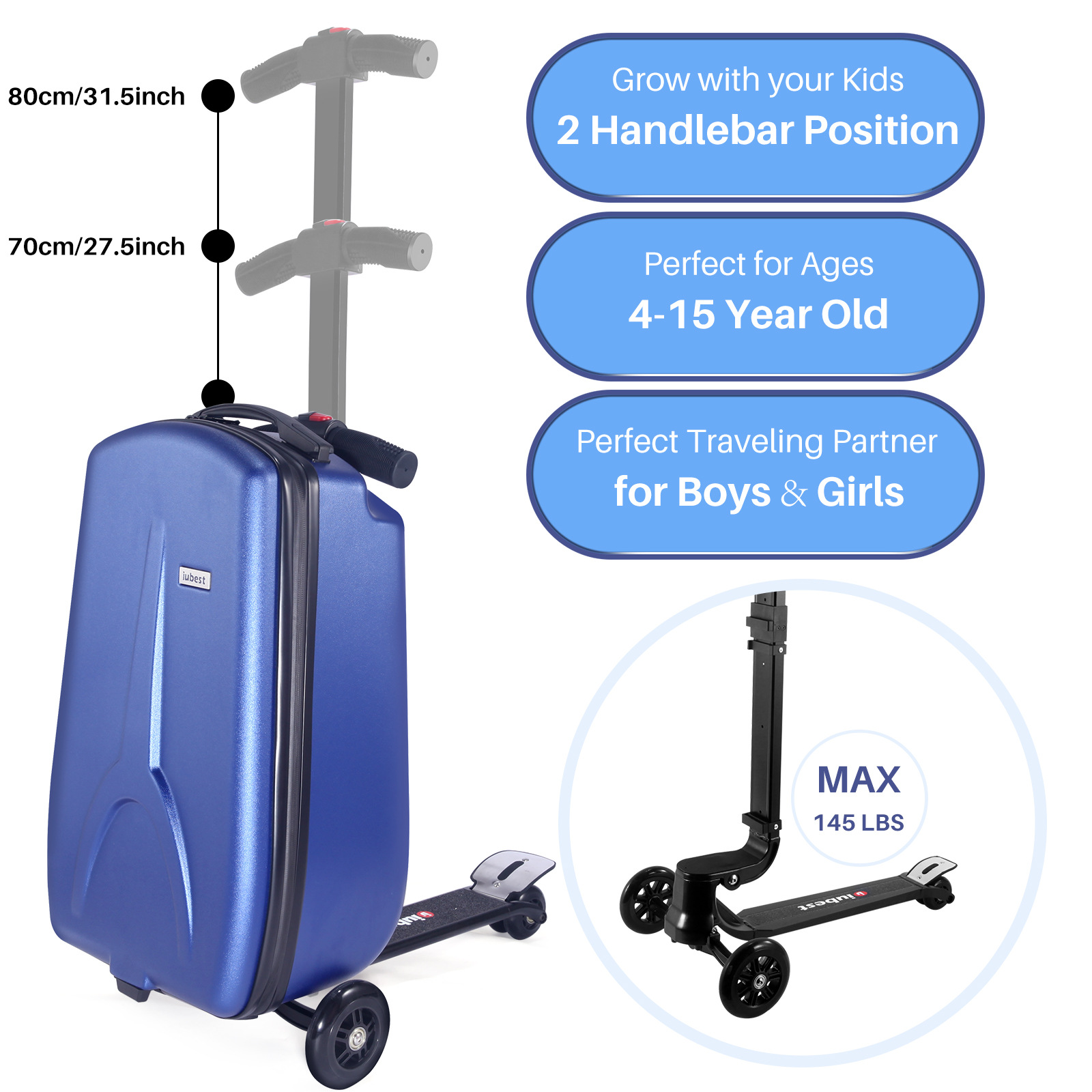 KO-KU 折りたたみスクータースーツケース 4-15 歳の子供乗馬大容量スーツケース車輪付き 18 インチ機内持ち込みトロリーケース