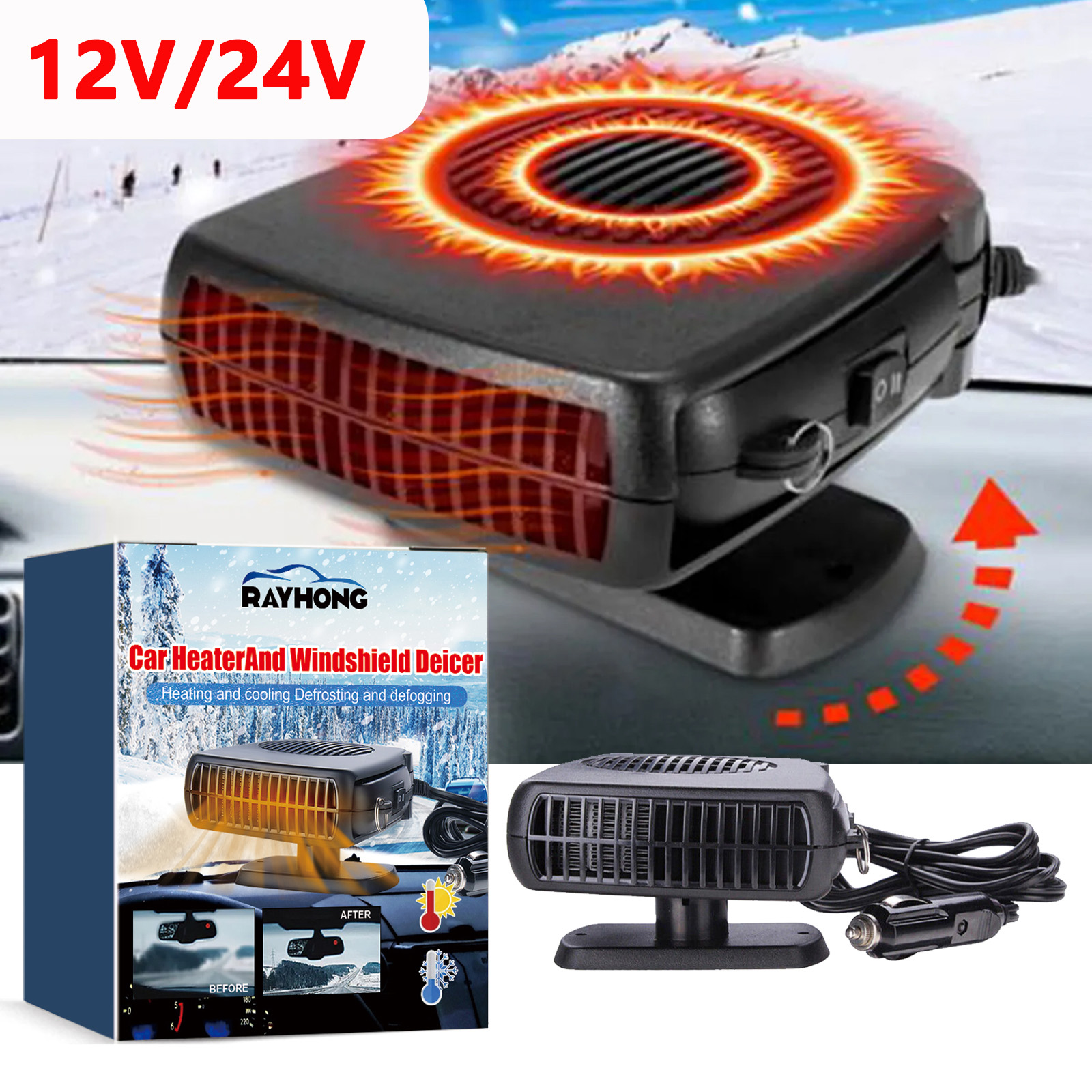 12/24V ポータブルカーヒーターデュアルモード 360° 回転デフォッガーとデフロスターパーソナルスペースヒーター車のトラック用の高速温風付き