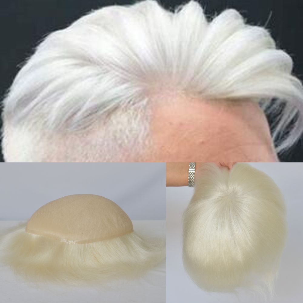 Pwigs 男性かつらフルフレンチレースヨーロッパ人毛男性用 60R 白色毛交換 10 × 8 インチヘアシステム