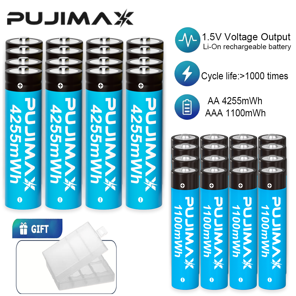 PUJIMAX 充電式リチウム電池 AA 4255mWh/AAA 1100mWh 電池高容量 1.5V バッテリー時計マウスリモコン用