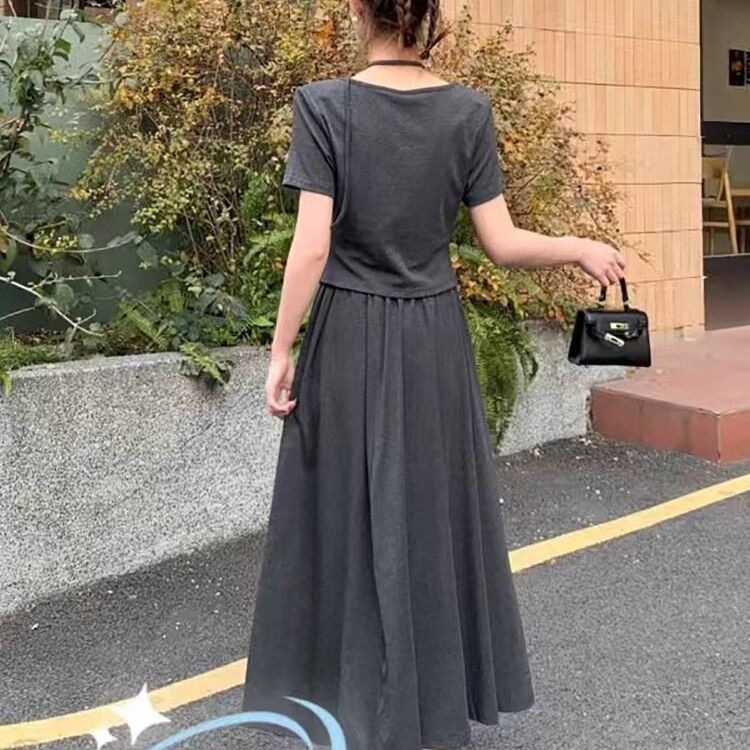 韓国スタイルプラスサイズ夏痩身ファッショナブルな半袖シンプルハーフスカート 2 点セットエレガントカジュアル衣装女性のための