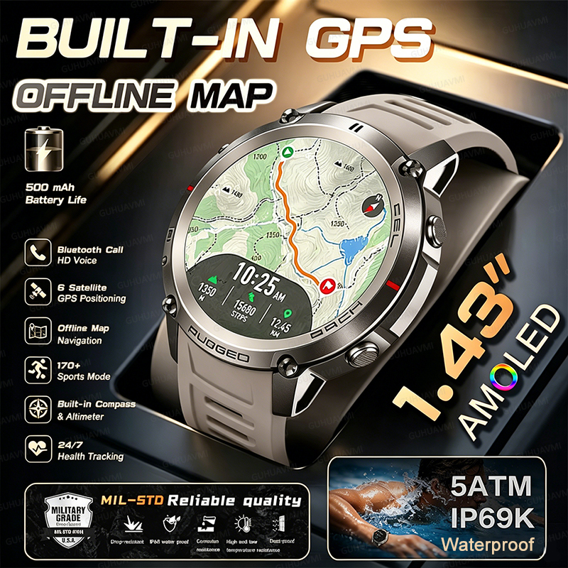 2026 T-Rex 4 GPS オフラインマップスポーツスマートウォッチメンズ 1.43 インチ AMOLED ディスプレイ気圧計コンパス水泳 5ATM 防水スマートブレスレット